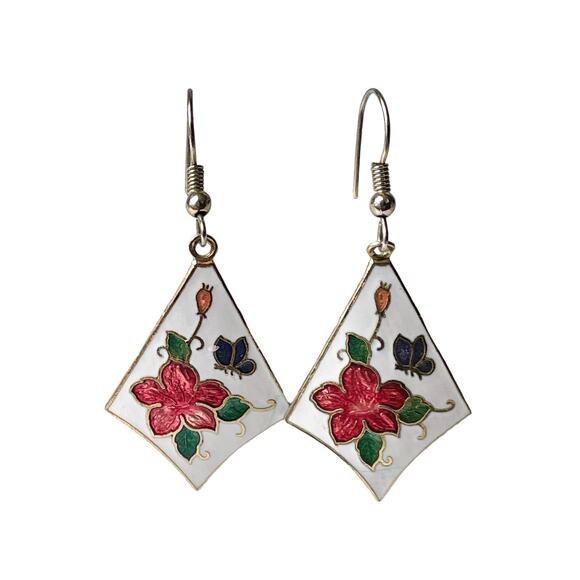 80s White Pink Cloisonné Enamel Diamond Shape Floral Motif Pierced Wire Earrings - Picture 3 of 3
